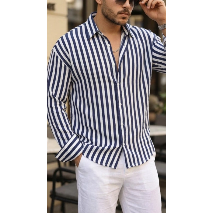 Biçomi Erkek Dikey Çizgili Yarım Oversize Gömlek
