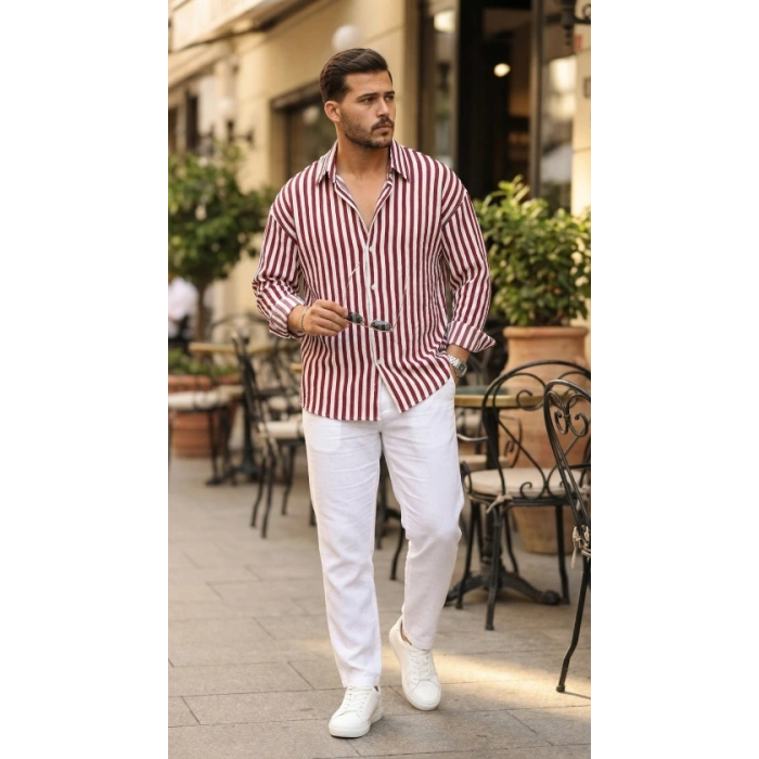 Biçomi Erkek Dikey Çizgili Yarım Oversize Gömlek