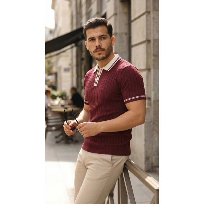 Biçomi Erkek Düğme Yakalı Kontrast Yaka Triko Tişört
