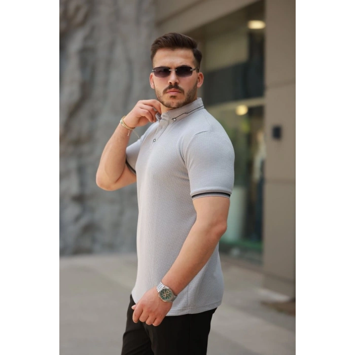 Biçomi Erkek Düğmeli Yaka Waffle Kumaş Kısa Kollu Tişört