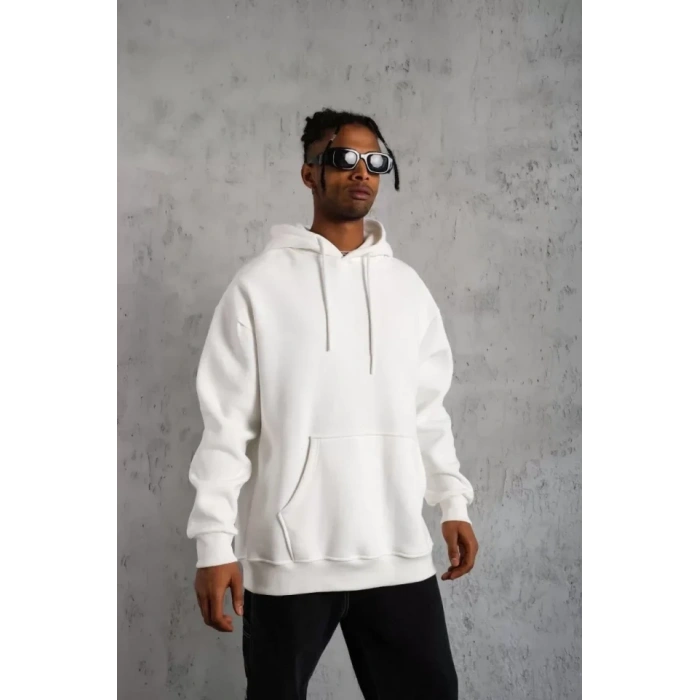 Biçomi Erkek Düz Kapüşonlu Sweat - Beyaz
