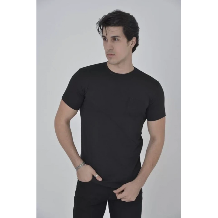 Biçomi Erkek File Cepli Slim Fit T-shirt - Siyah