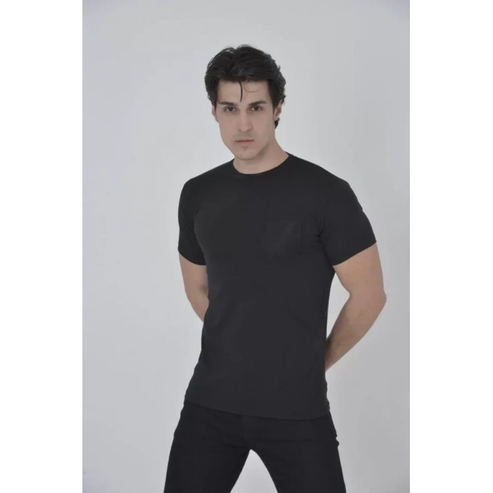 Biçomi Erkek File Cepli Slim Fit T-shirt - Siyah