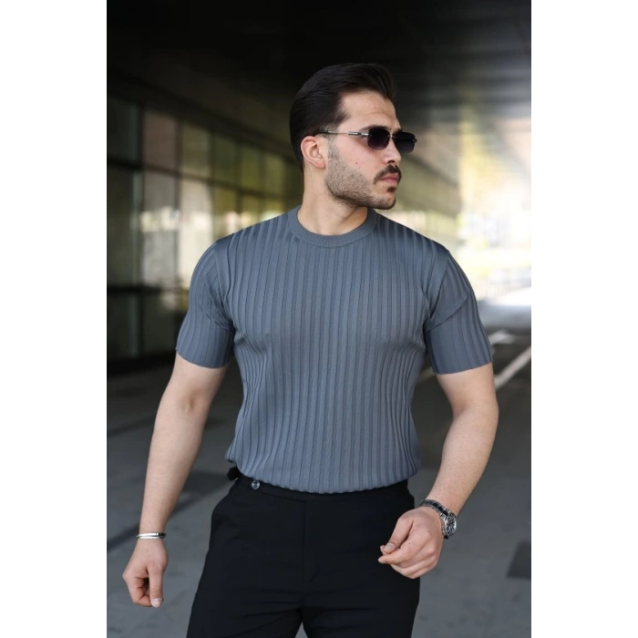 Biçomi Erkek Fitilli Bisiklet Yaka Kısa Kollu Tişört