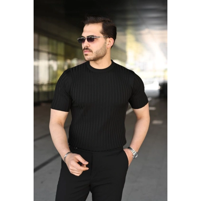 Biçomi Erkek Fitilli Bisiklet Yaka Kısa Kollu Tişört