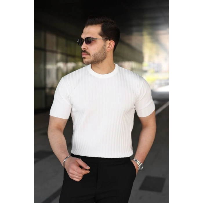 Biçomi Erkek Fitilli Bisiklet Yaka Kısa Kollu Tişört