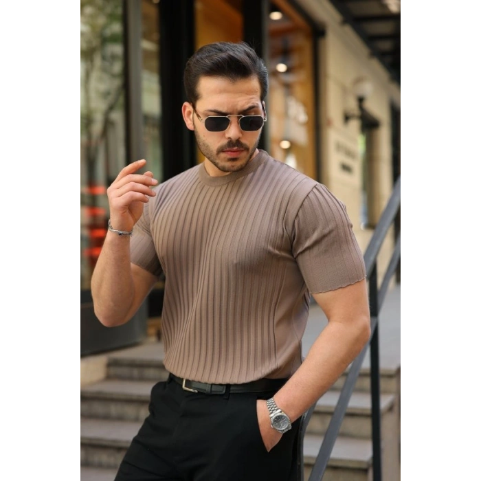 Biçomi Erkek Fitilli Bisiklet Yaka Kısa Kollu Tişört
