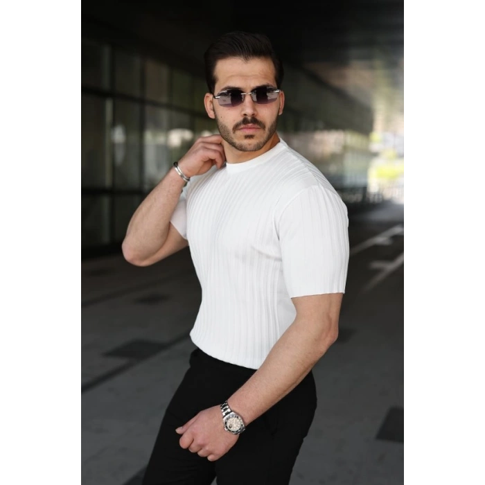 Biçomi Erkek Fitilli Bisiklet Yaka Kısa Kollu Tişört