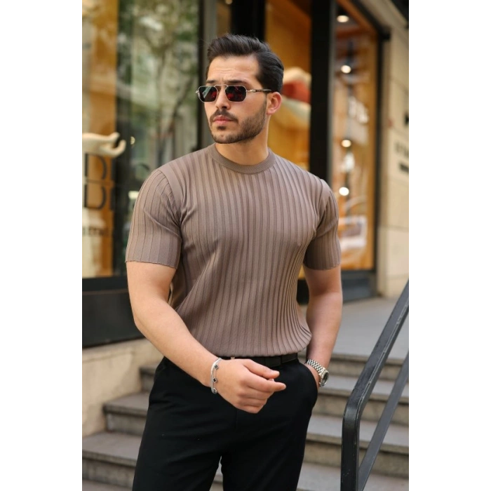 Biçomi Erkek Fitilli Bisiklet Yaka Kısa Kollu Tişört