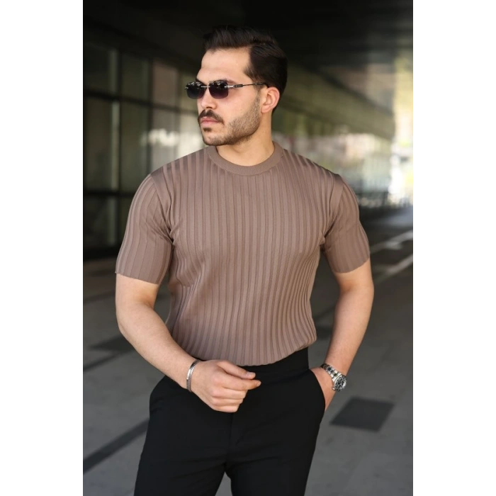 Biçomi Erkek Fitilli Bisiklet Yaka Kısa Kollu Tişört