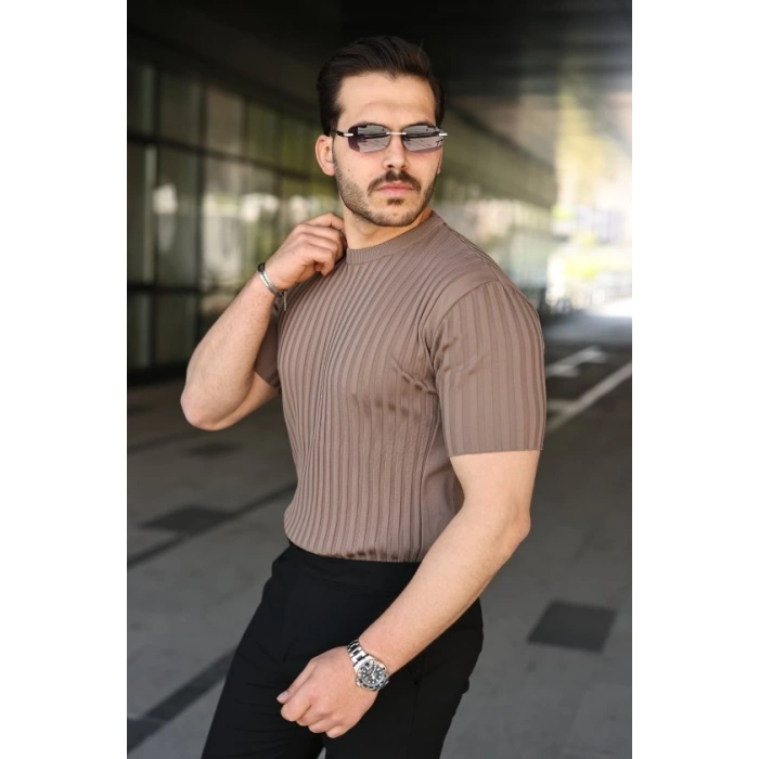 Biçomi Erkek Fitilli Bisiklet Yaka Kısa Kollu Tişört