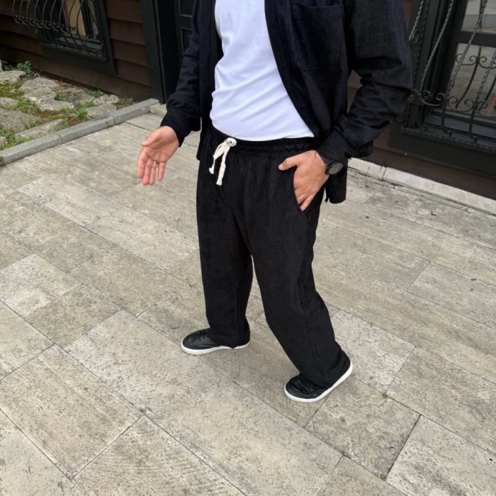 Biçomi Erkek Fitilli Kadife Cepli Buggy Pantolon Oversize Rahat Kalıp - Siyah