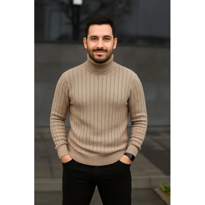 Biçomi Erkek Fitilli Triko Kazak 2li Set Bej Siyah Regular Balıkcı Yaka Tam Boğazlı Triko Seti Modeli Kazak