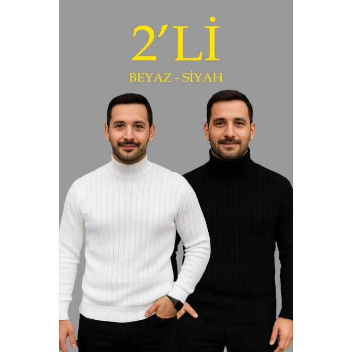 Biçomi Erkek Fitilli Triko Kazak 2li Set Beyaz Siyah Regular Balıkcı Yaka Tam Boğazlı Triko Seti Modeli Kazak
