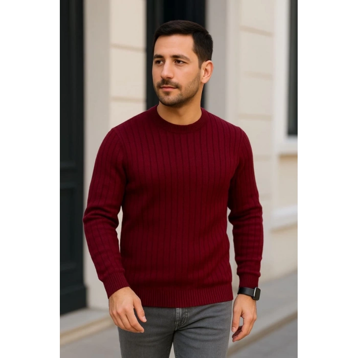 Biçomi Erkek Fitilli Triko Kazak 2’li Set – Siyah - Bordo, Kalın Dokuma Pamuklu Regular Fit Bisiklet Yaka Uzun Kollu Rahat Kışlık Kazak Kombini