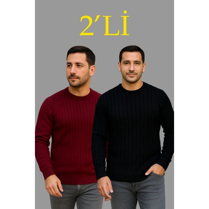 Biçomi Erkek Fitilli Triko Kazak 2’li Set – Siyah - Bordo, Kalın Dokuma Pamuklu Regular Fit Bisiklet Yaka Uzun Kollu Rahat Kışlık Kazak Kombini
