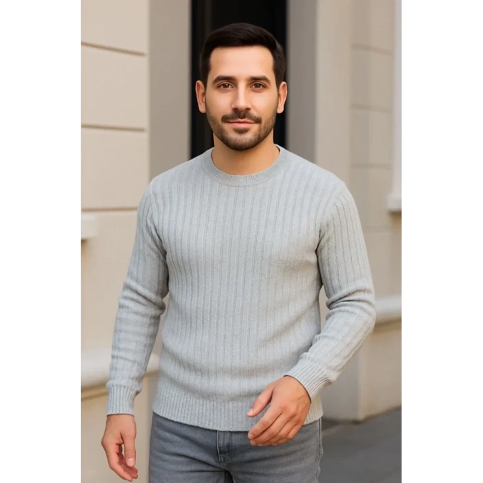 Biçomi Erkek Fitilli Triko Kazak 3lü Set Gri Haki Siyah Regular Fit Bisiklet Yaka Triko Seti Modeli Kazak