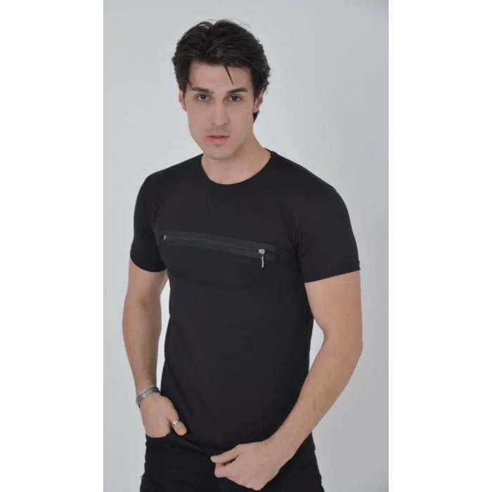 Biçomi Erkek Göğüste Fermuar Aksesuarlı Dar Kalıp T-Shirt - Siyah