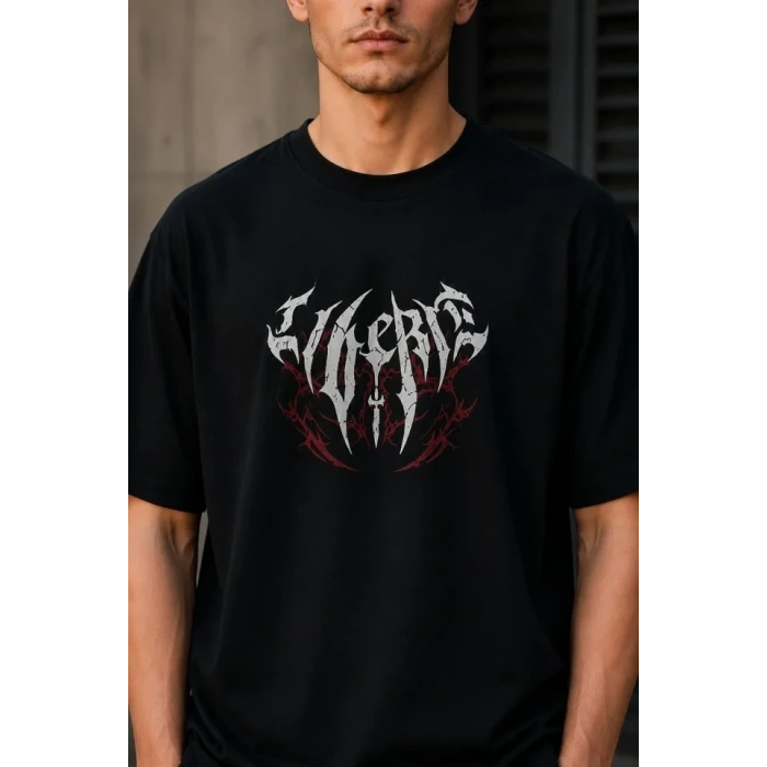 Biçomi Erkek Gotik Yazı Baskılı Oversize Bisiklet Yaka T-Shirt - Siyah