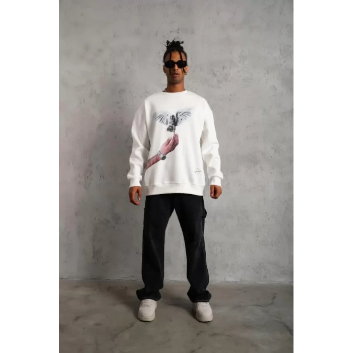 Biçomi Erkek Güvercin Baskılı Sweatshirt - Beyaz