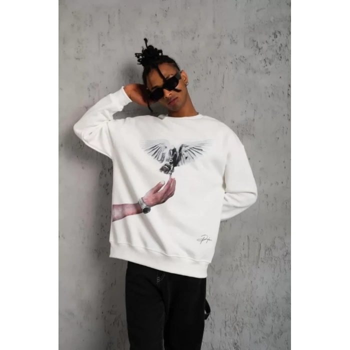 Biçomi Erkek Güvercin Baskılı Sweatshirt - Beyaz
