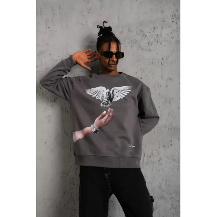 Biçomi Erkek Güvercin Baskılı Sweatshirt - Gri