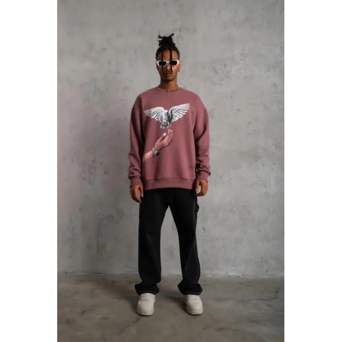 Biçomi Erkek Güvercin Baskılı Sweatshirt - Gül Kurusu
