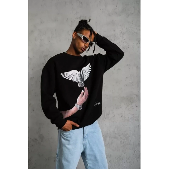 Biçomi Erkek Güvercin Baskılı Sweatshirt - Siyah