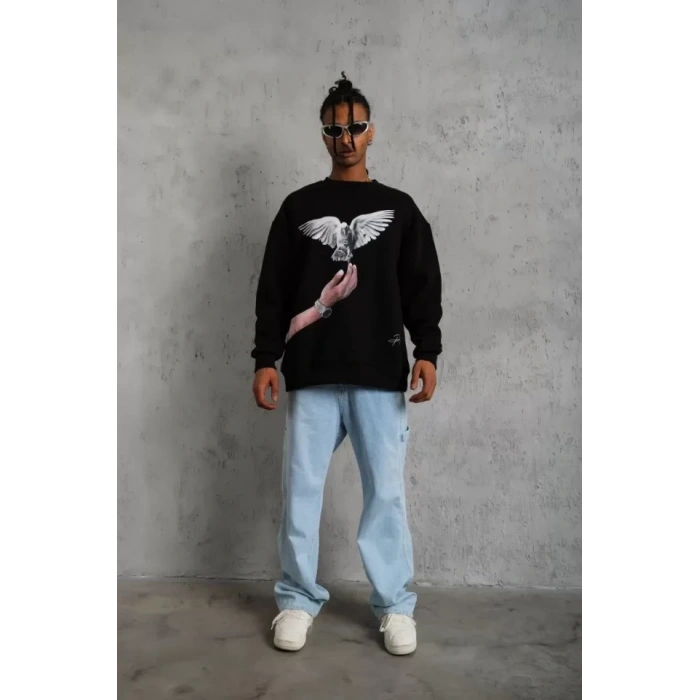 Biçomi Erkek Güvercin Baskılı Sweatshirt - Siyah