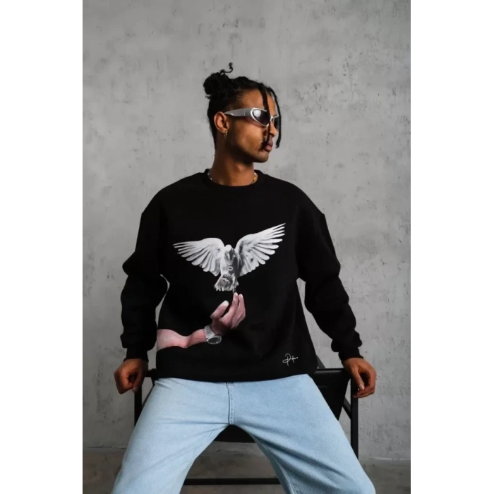 Biçomi Erkek Güvercin Baskılı Sweatshirt - Siyah