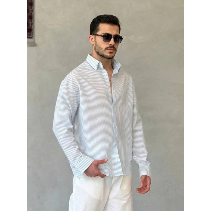 Biçomi Erkek İnce Çizgili Gofre Kumaş Rahat Kalıp Gömlek