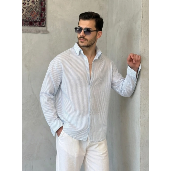 Biçomi Erkek İnce Çizgili Gofre Kumaş Rahat Kalıp Gömlek