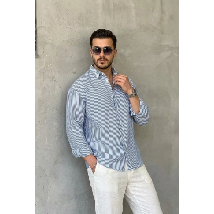 Biçomi Erkek İnce Çizgili Gofre Kumaş Rahat Kalıp Gömlek