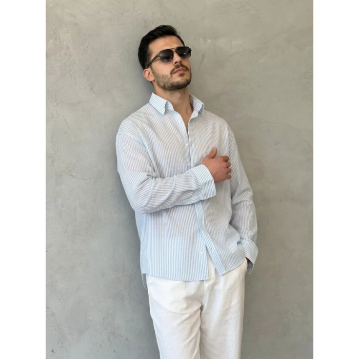 Biçomi Erkek İnce Çizgili Gofre Kumaş Rahat Kalıp Gömlek