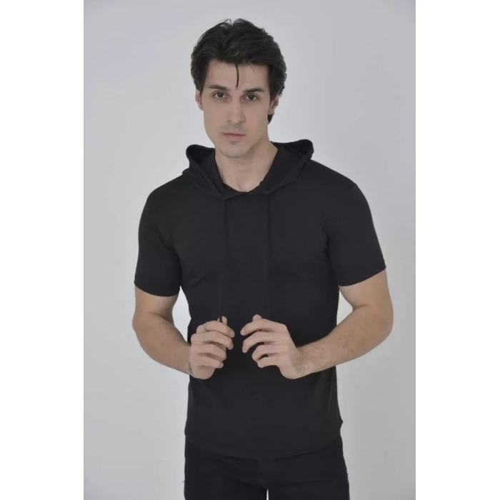 Biçomi Erkek Kapşonlu Slim Fit T-shirt - Siyah