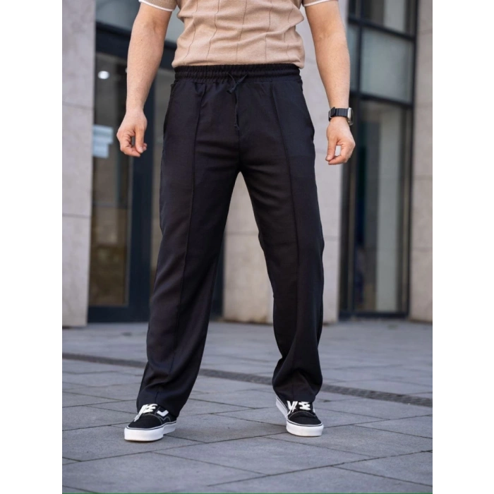 Biçomi Erkek Keten Cepli Çıma Dikişli Jogger Buggy Pantalon Rahat Kalıp - Siyah