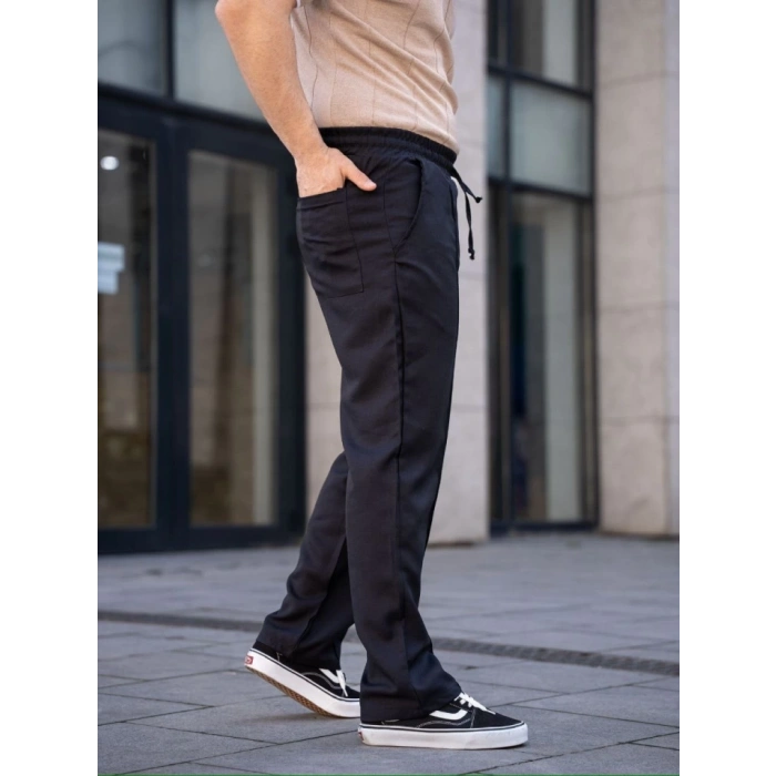 Biçomi Erkek Keten Cepli Çıma Dikişli Jogger Buggy Pantalon Rahat Kalıp - Siyah