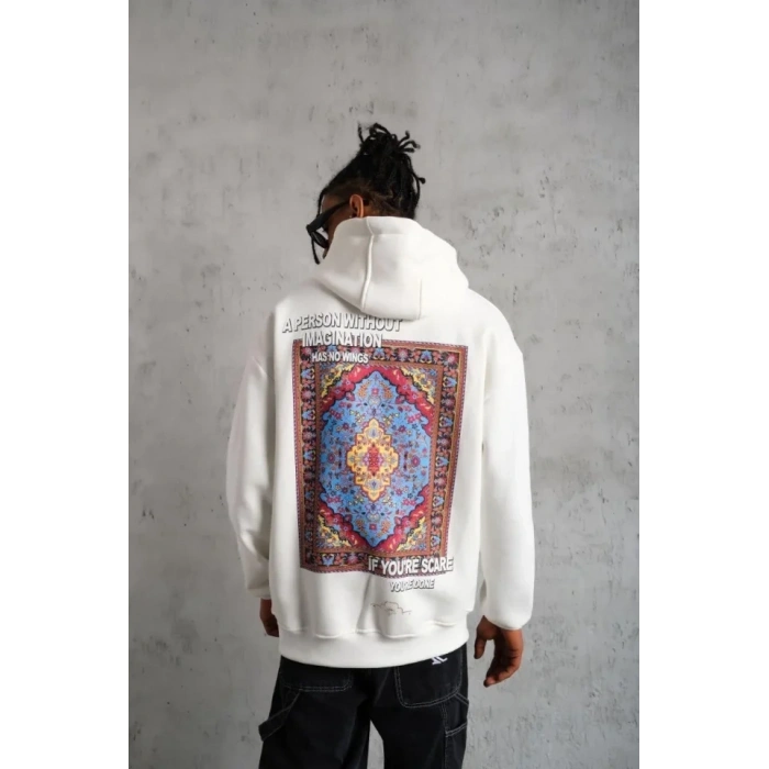 Biçomi Erkek Kilim Desen Kapüşonlu Sweat- Beyaz