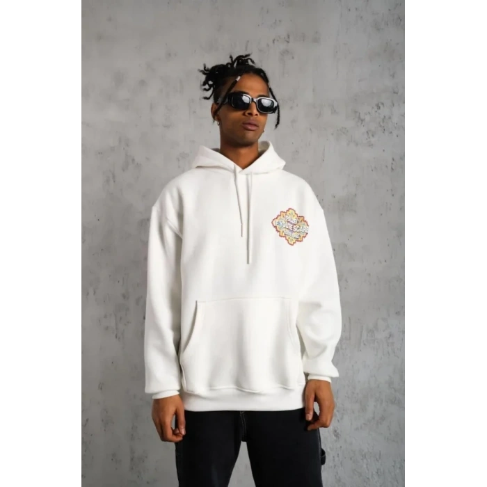 Biçomi Erkek Kilim Desen Kapüşonlu Sweat- Beyaz