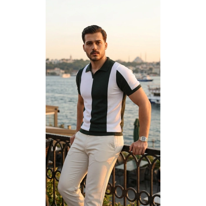 Biçomi Erkek Kısa Kollu Polo Yakalı Blok Desenli Triko Bluz