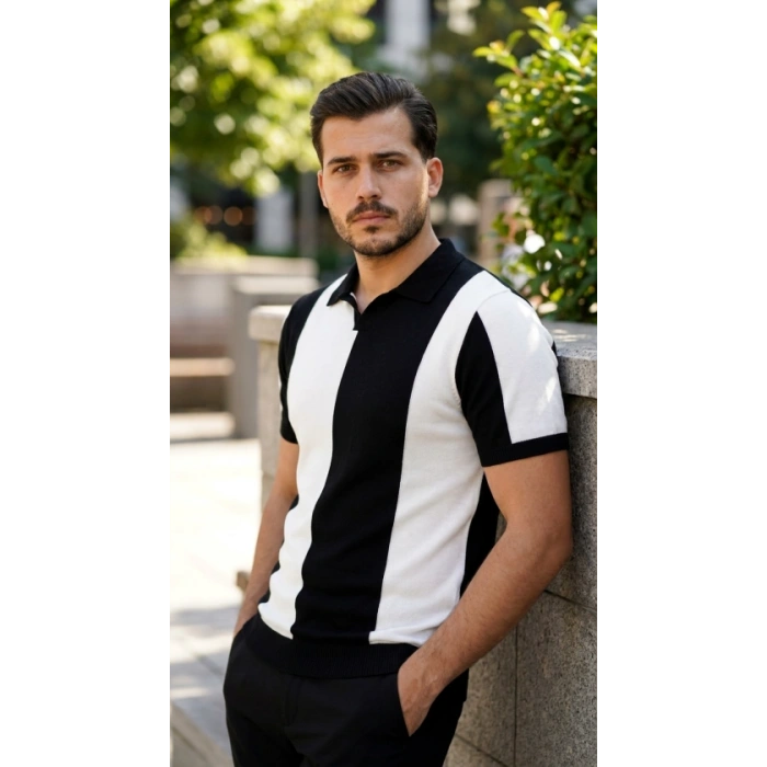 Biçomi Erkek Kısa Kollu Polo Yakalı Blok Desenli Triko Bluz