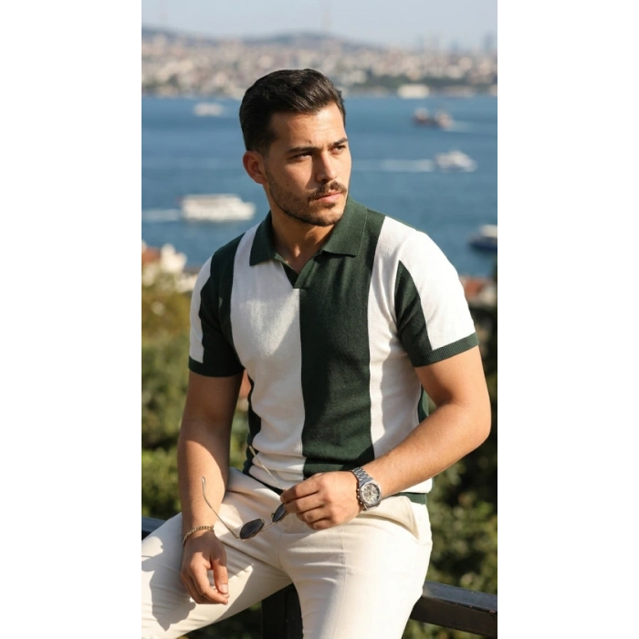 Biçomi Erkek Kısa Kollu Polo Yakalı Blok Desenli Triko Bluz