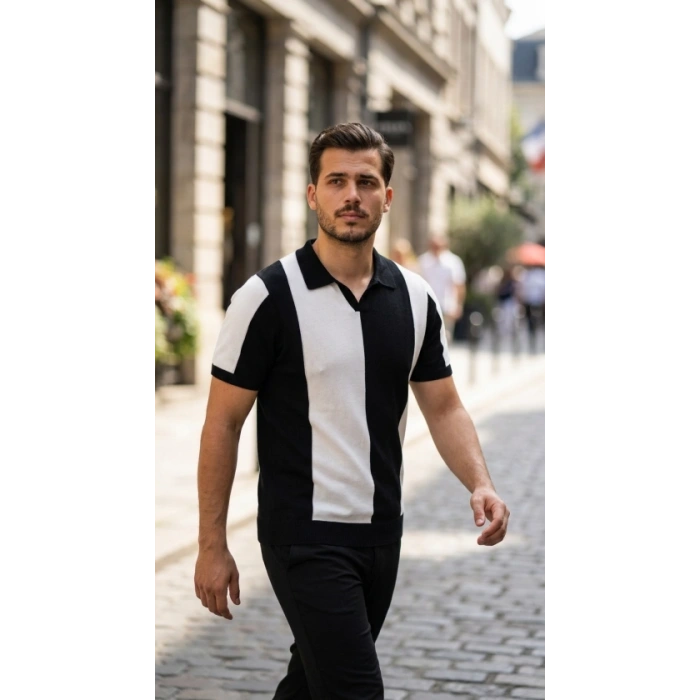 Biçomi Erkek Kısa Kollu Polo Yakalı Blok Desenli Triko Bluz