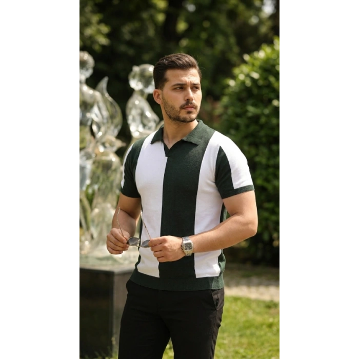 Biçomi Erkek Kısa Kollu Polo Yakalı Blok Desenli Triko Bluz