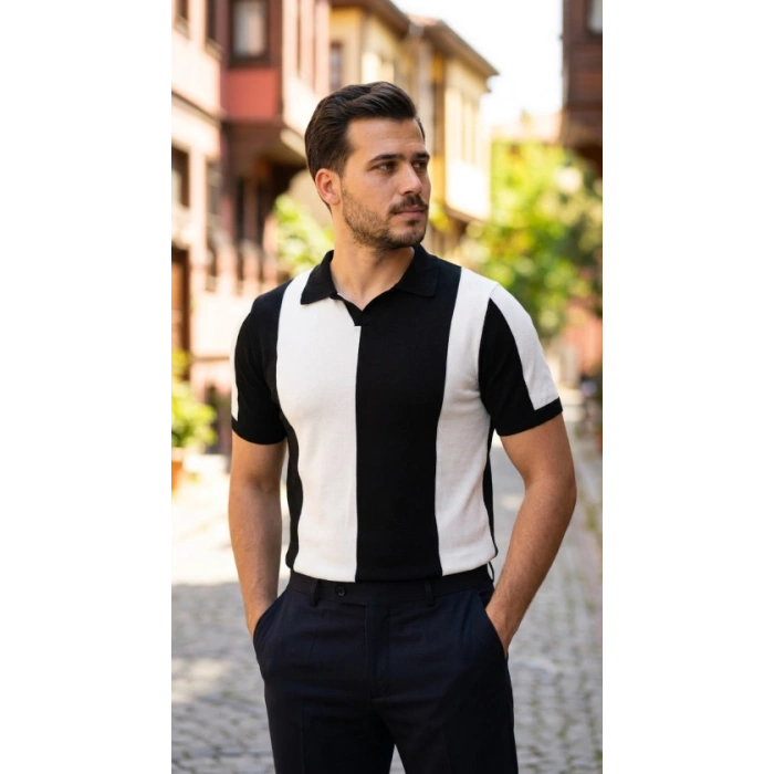 Biçomi Erkek Kısa Kollu Polo Yakalı Blok Desenli Triko Bluz