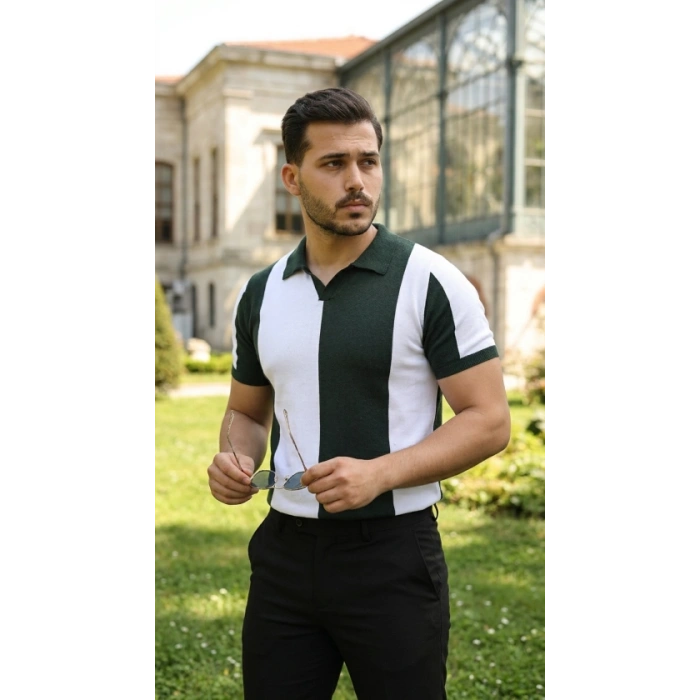 Biçomi Erkek Kısa Kollu Polo Yakalı Blok Desenli Triko Bluz
