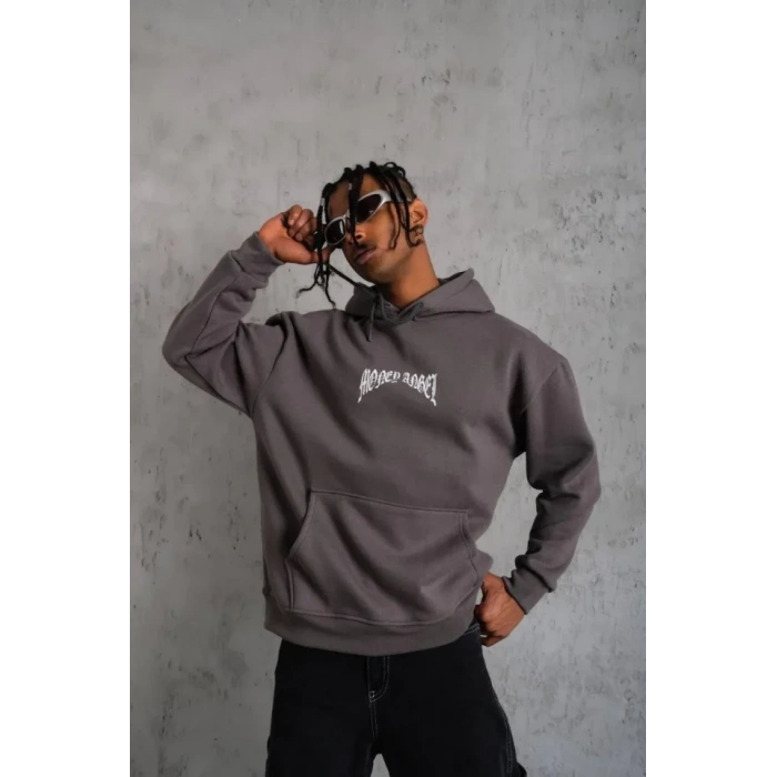 Biçomi Erkek Kordon İpli Baskılı Kapüşonlu Sweatshirt - Füme