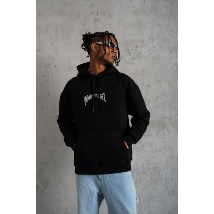 Biçomi Erkek Kordon İpli Baskılı Kapüşonlu Sweatshirt - Siyah
