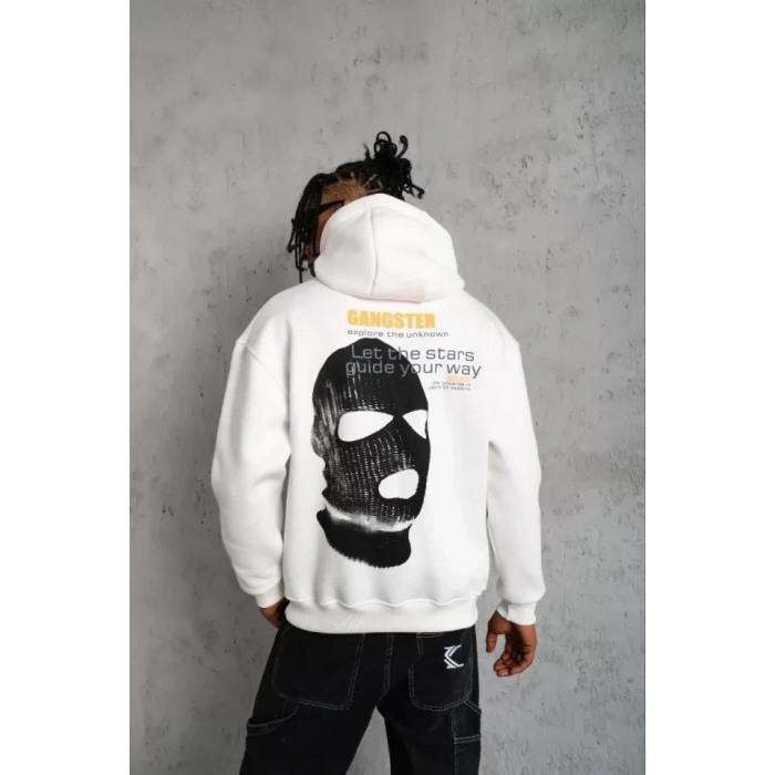 Biçomi Erkek Kordonlu Maske Baskılı Kapüşonlu Sweat - Beyaz