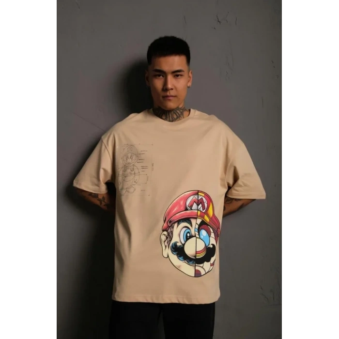 Biçomi Erkek Mario Baskılı Oversize T-Shirt - Bej